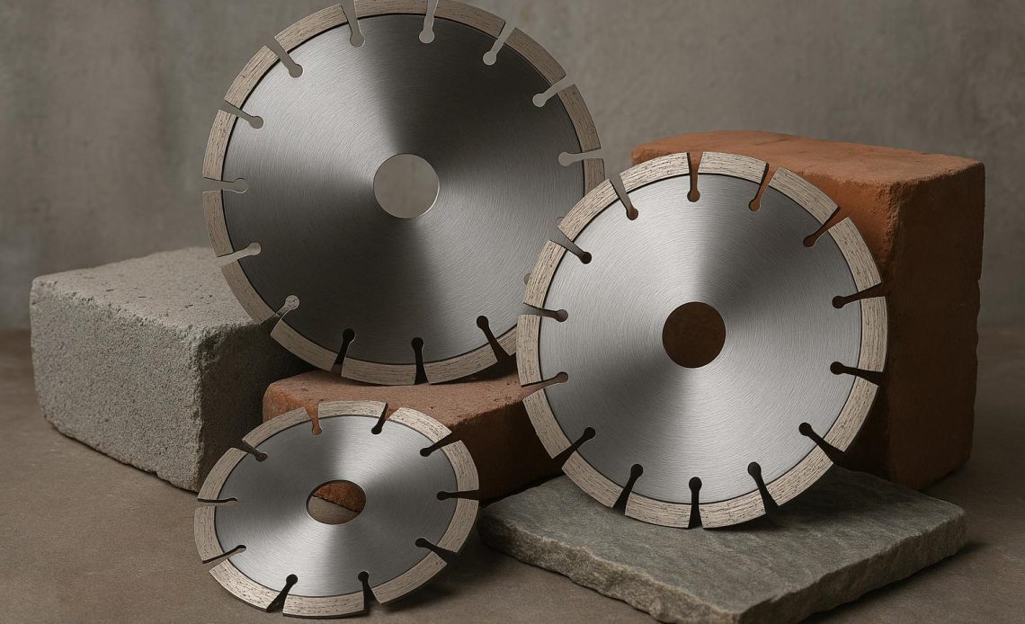 Masonry saw blades cutting concrete, brick, and stone for construction and renovation tasks