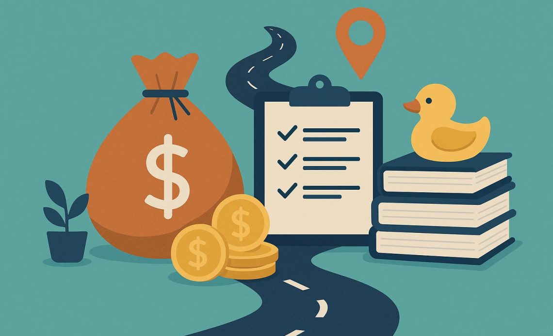 Stacked coins, calculator, and family blocks representing financial planning for childcare needs