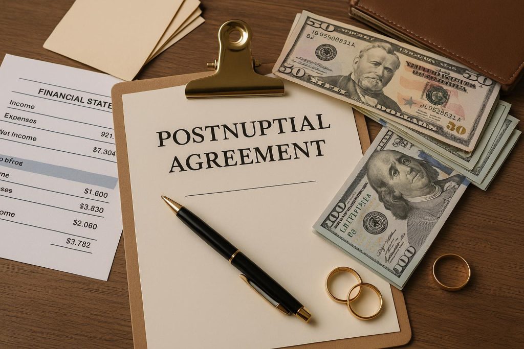 Pen signing postnuptial agreement, symbolizing clarity in family financial planning