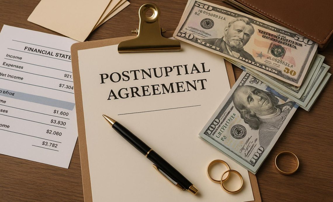 Pen signing postnuptial agreement, symbolizing clarity in family financial planning