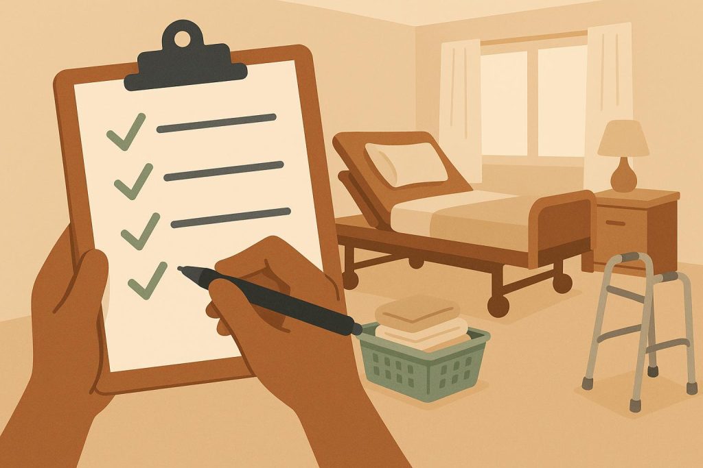 Organized living room with cleaning supplies and safety equipment for home care preparation
