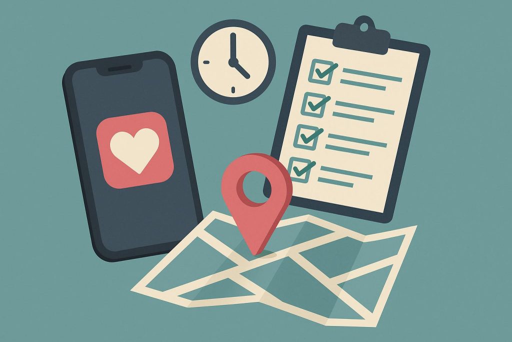 Smartphone displaying dating app safety checklist before meeting for the first time in public.