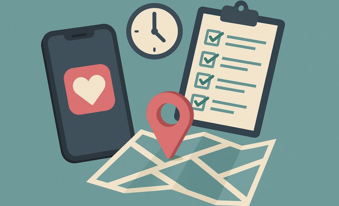 Smartphone displaying dating app safety checklist before meeting for the first time in public.