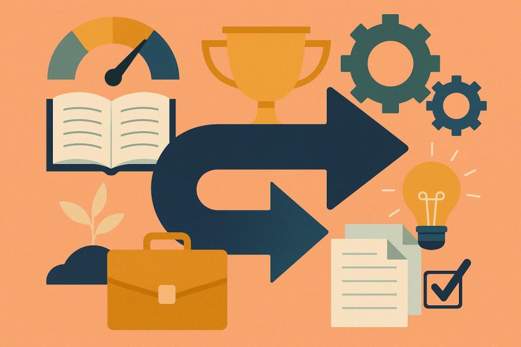 Professional tools and career icons symbolizing skills transfer in mid-career transitions