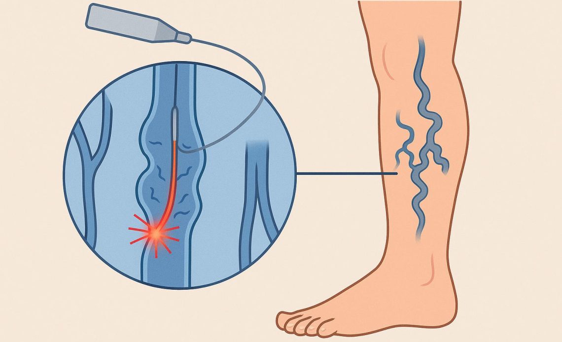 Medical laser treatment being performed on a leg with visible varicose veins in a clinical setting