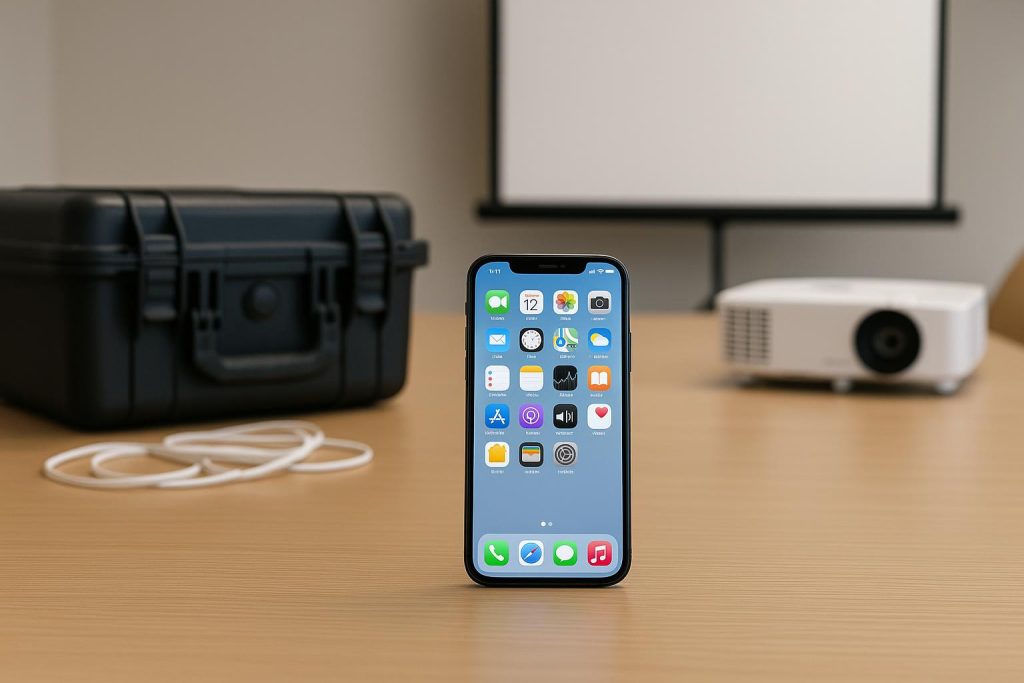 Multiple iPhones neatly displayed on a table ready for rental at an event technology booth