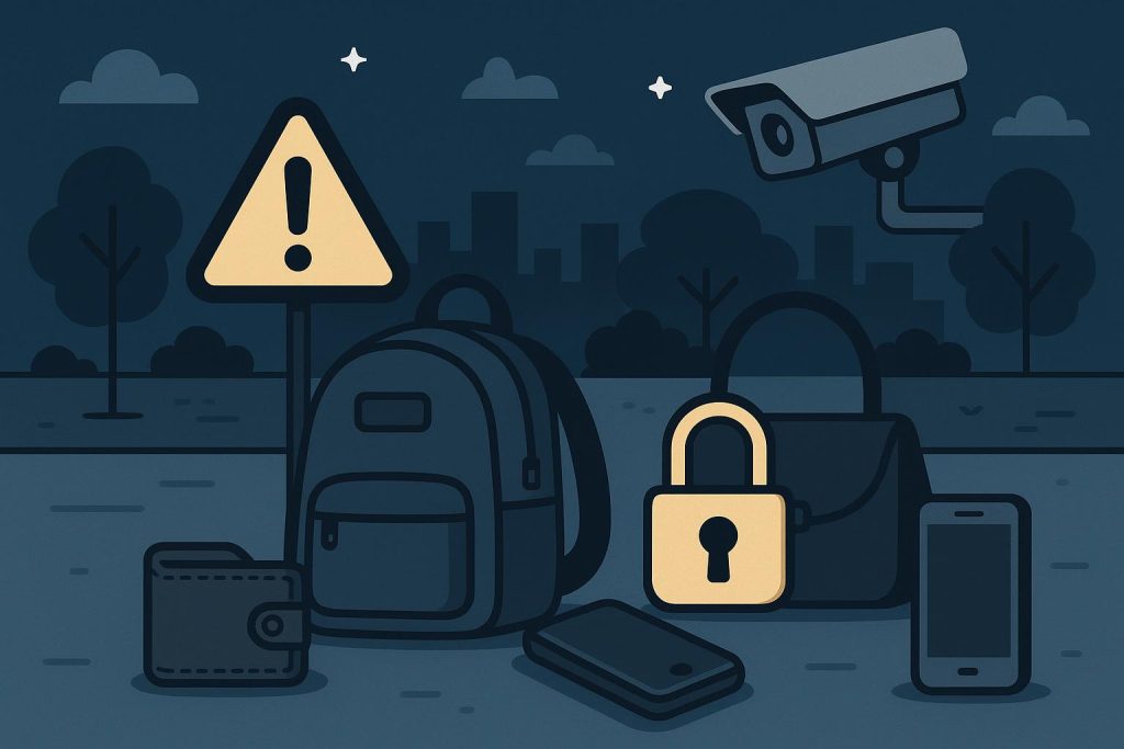 Urban street scene with secure backpack and vigilant pedestrian, promoting personal safety outdoors
