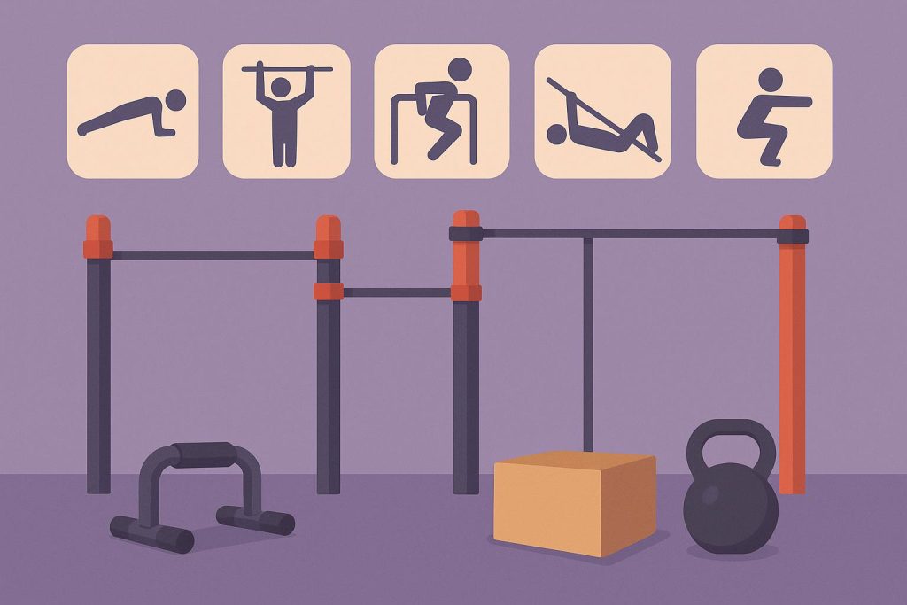 Beginner practicing basic calisthenics moves like push-ups and planks in a home workout space