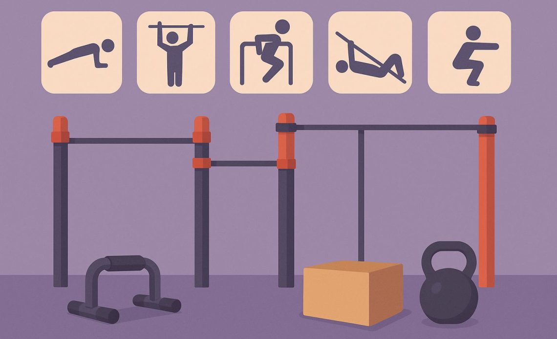 Beginner practicing basic calisthenics moves like push-ups and planks in a home workout space