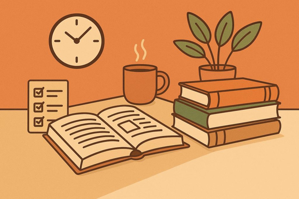Stack of books with bookmarks and a notebook, symbolizing efficient reading strategies for busy lives