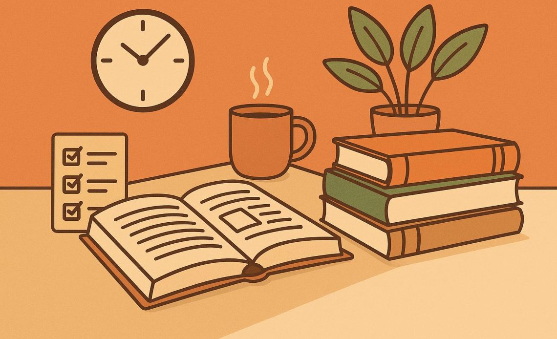 Stack of books with bookmarks and a notebook, symbolizing efficient reading strategies for busy lives