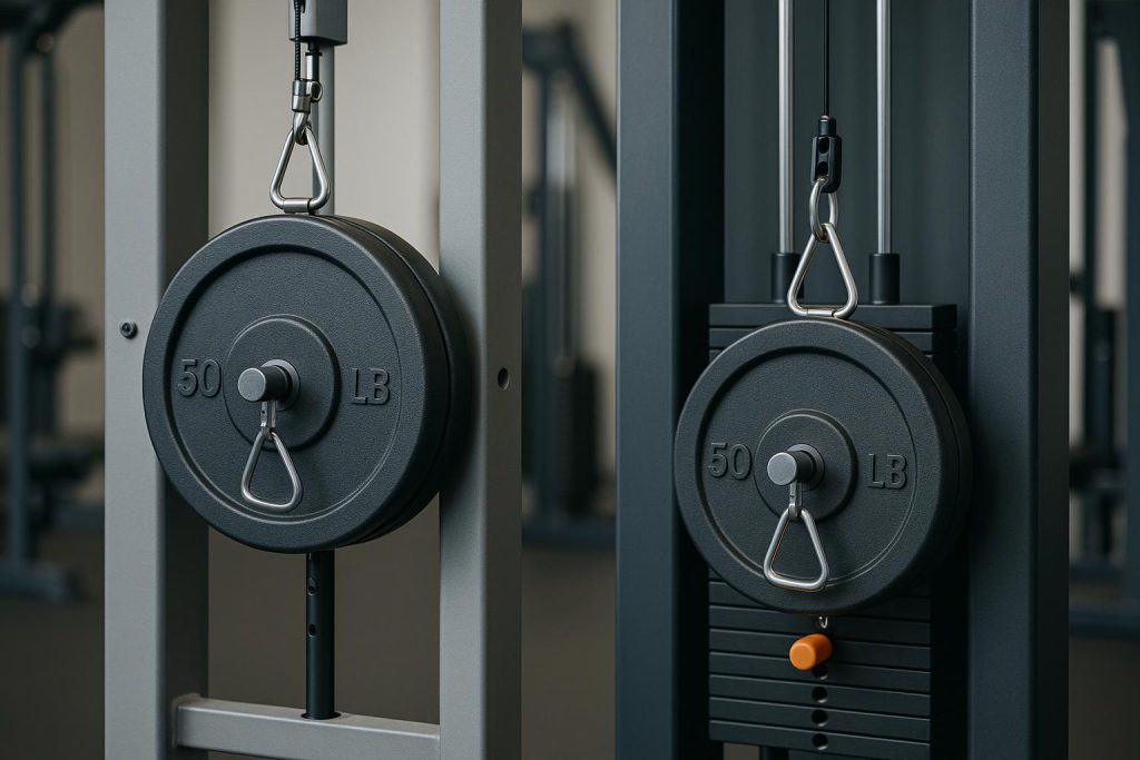 Comparison of adjustable gym machines highlighting weight differences in strength training equipment