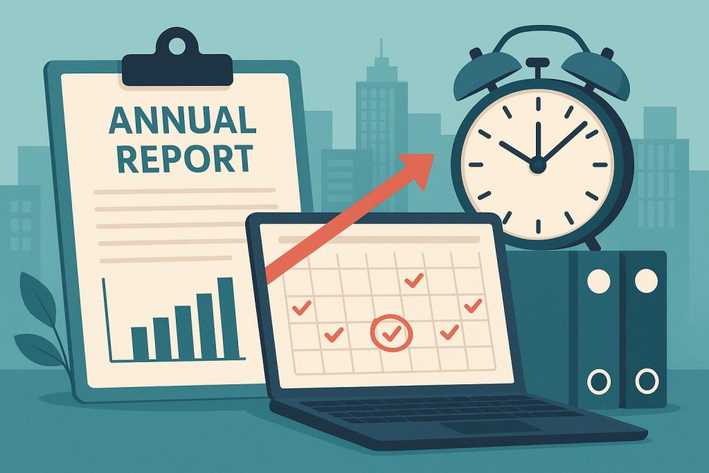 Calendar with marked deadlines and business growth chart for annual report planning and management