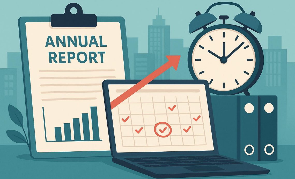 Calendar with marked deadlines and business growth chart for annual report planning and management