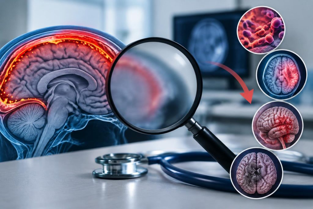 Medical chart with highlighted meningitis symptoms and diagnostic tools on a doctor's desk