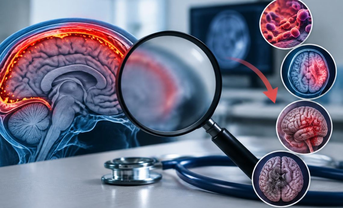 Medical chart with highlighted meningitis symptoms and diagnostic tools on a doctor's desk