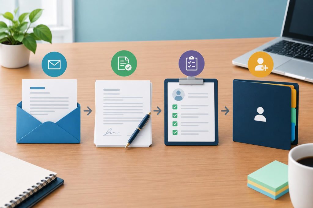 Stack of employment forms, offer letter, and onboarding documents on an office desk