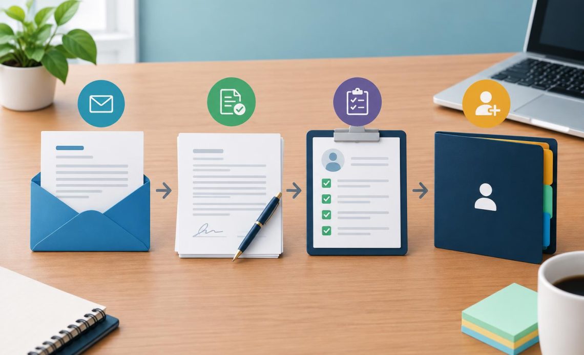 Stack of employment forms, offer letter, and onboarding documents on an office desk